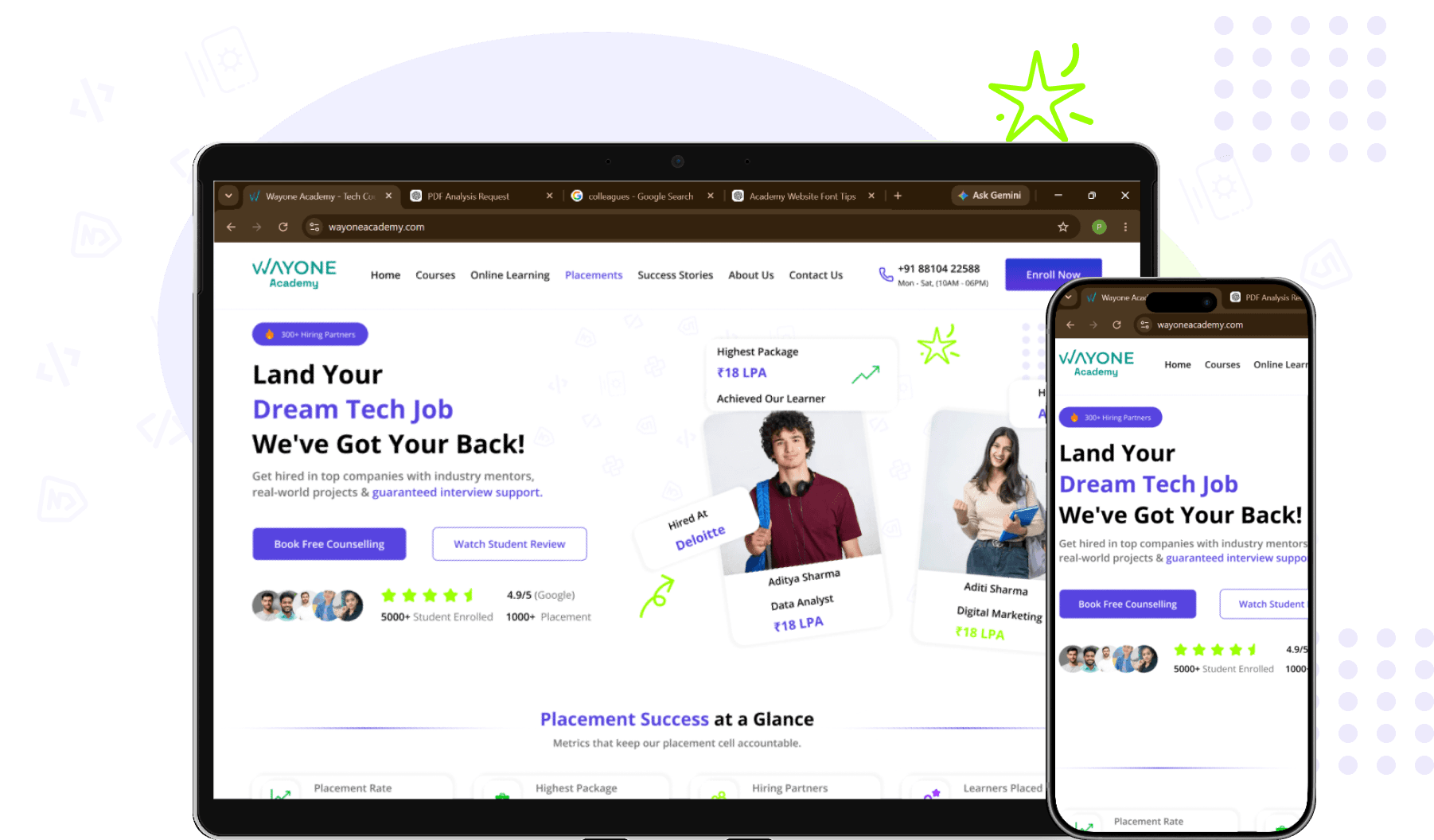 Wayone Academy platform mockup on desktop and mobile