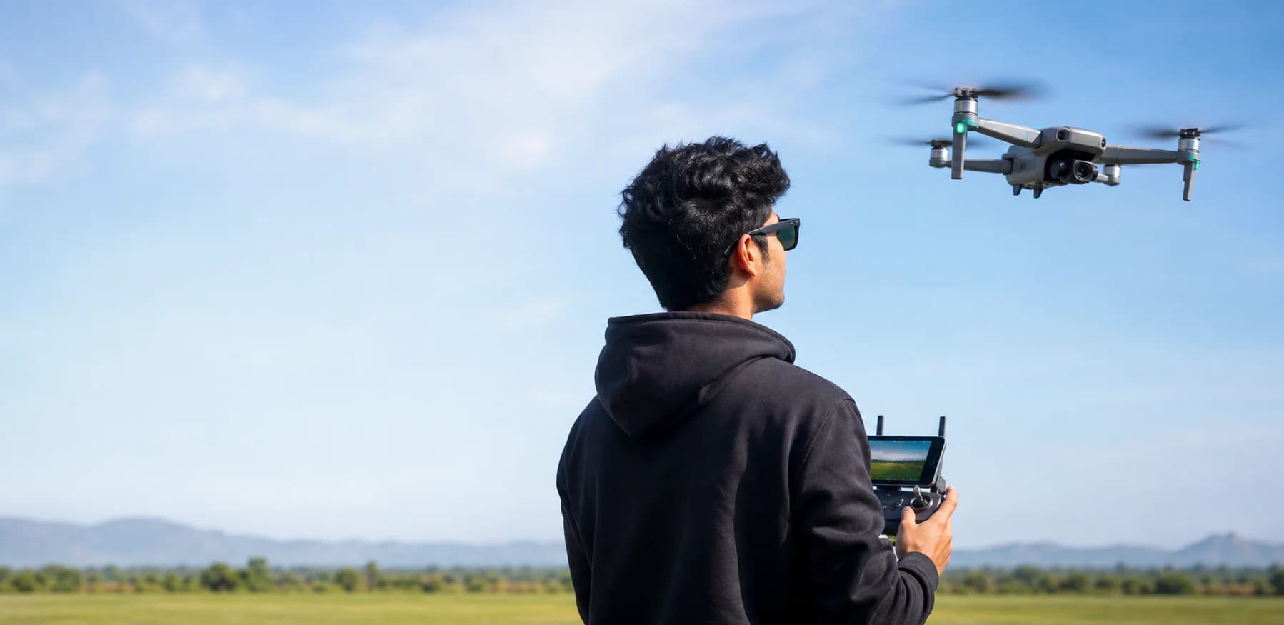 Drone pilot operating a camera drone outdoors