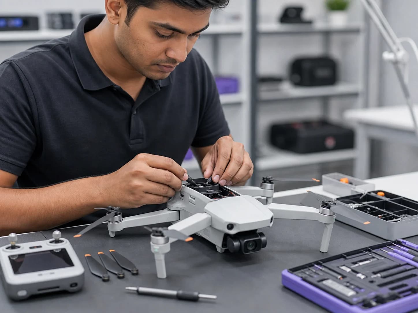Drone maintenance training in a lab